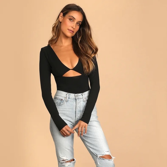 Lulus Tops - NEW Black Ribbed Cutout Long Sleeve Bodysuit